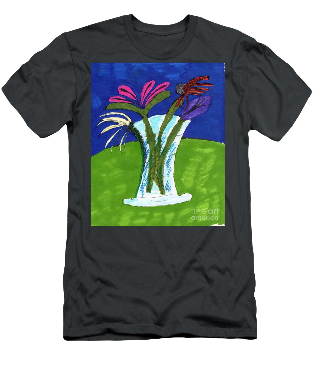 Flowers In A Clean Vase Blue And Green Background T-Shirt featuring the mixed media Flowers in a Vase by Elinor Helen Rakowski