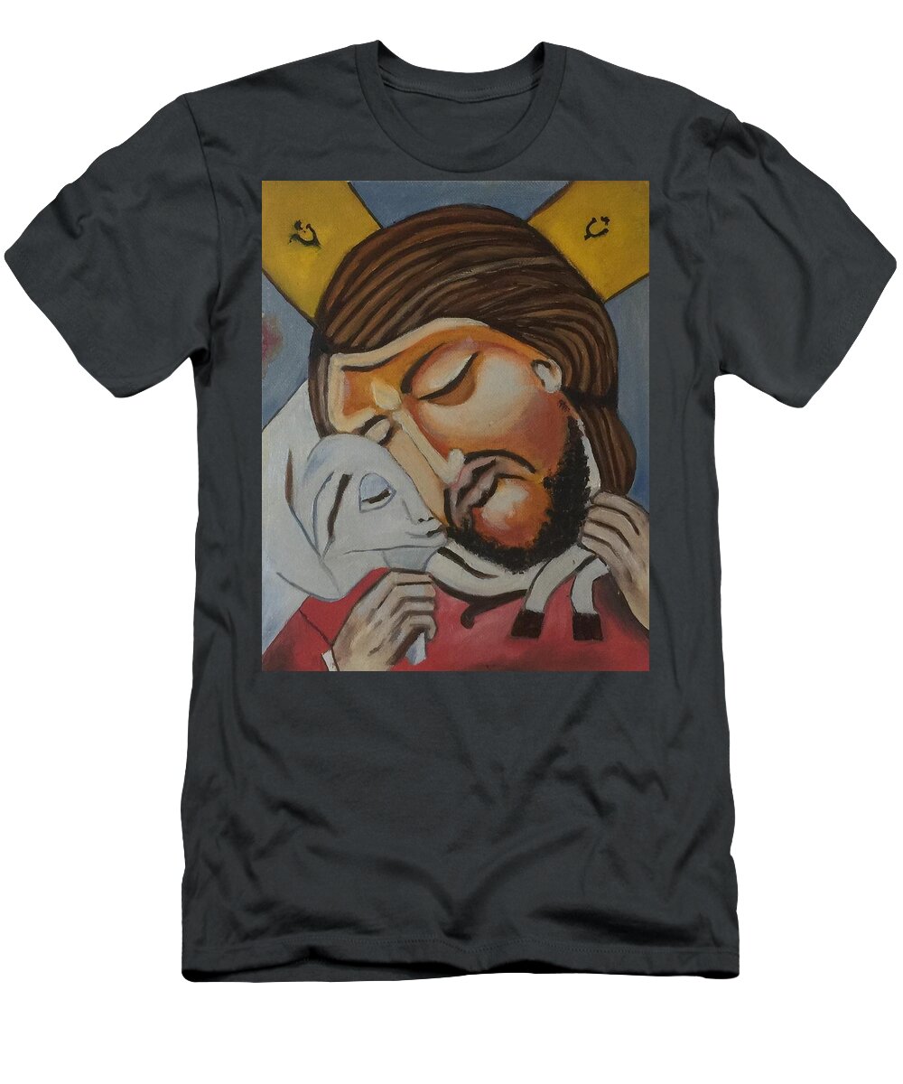 Art T-Shirt featuring the painting Jesus With A Lamb #2 by Ryszard Ludynia