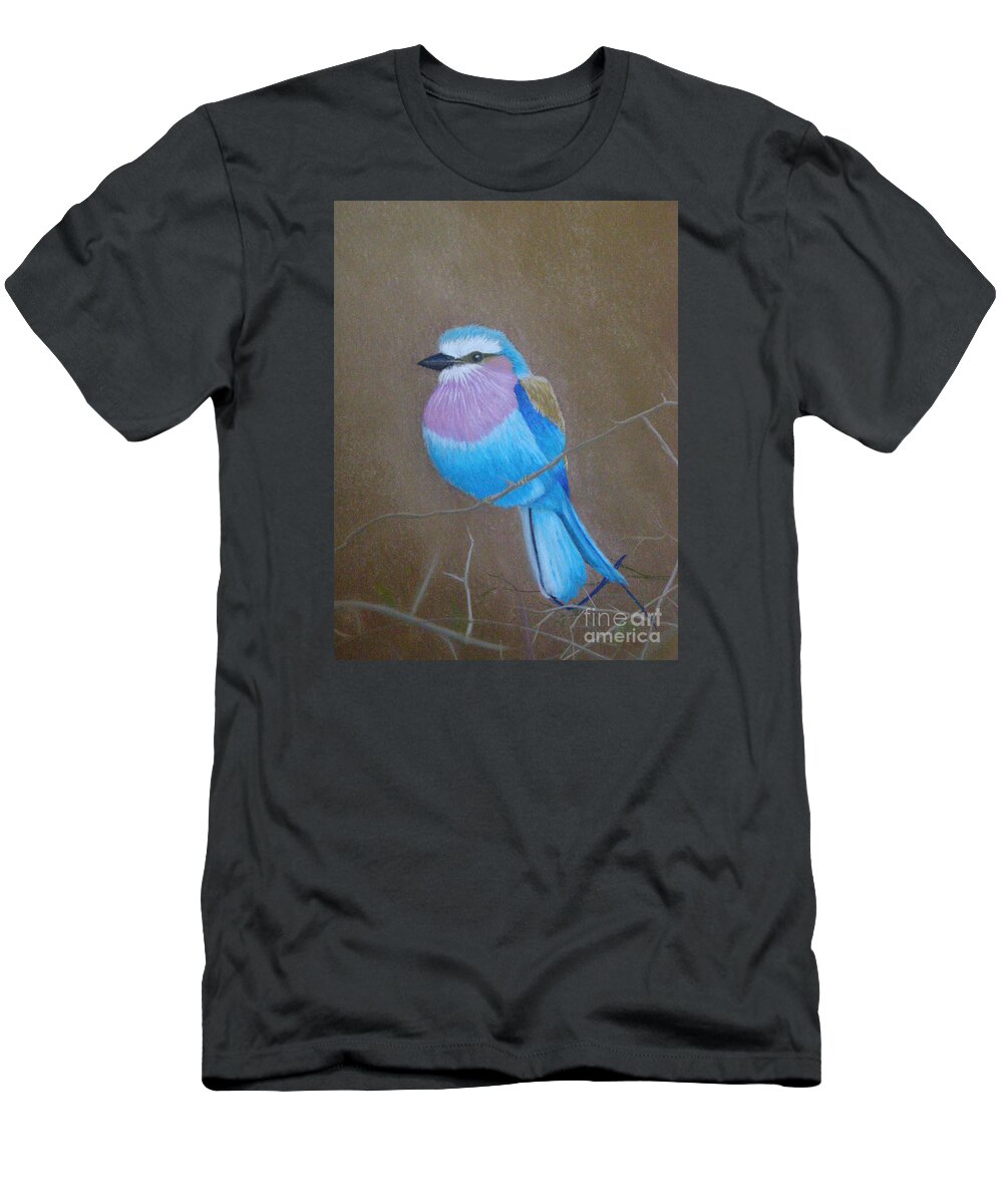 African Bird T-Shirt featuring the pastel Violet-breasted Roller Bird by Lynn Quinn