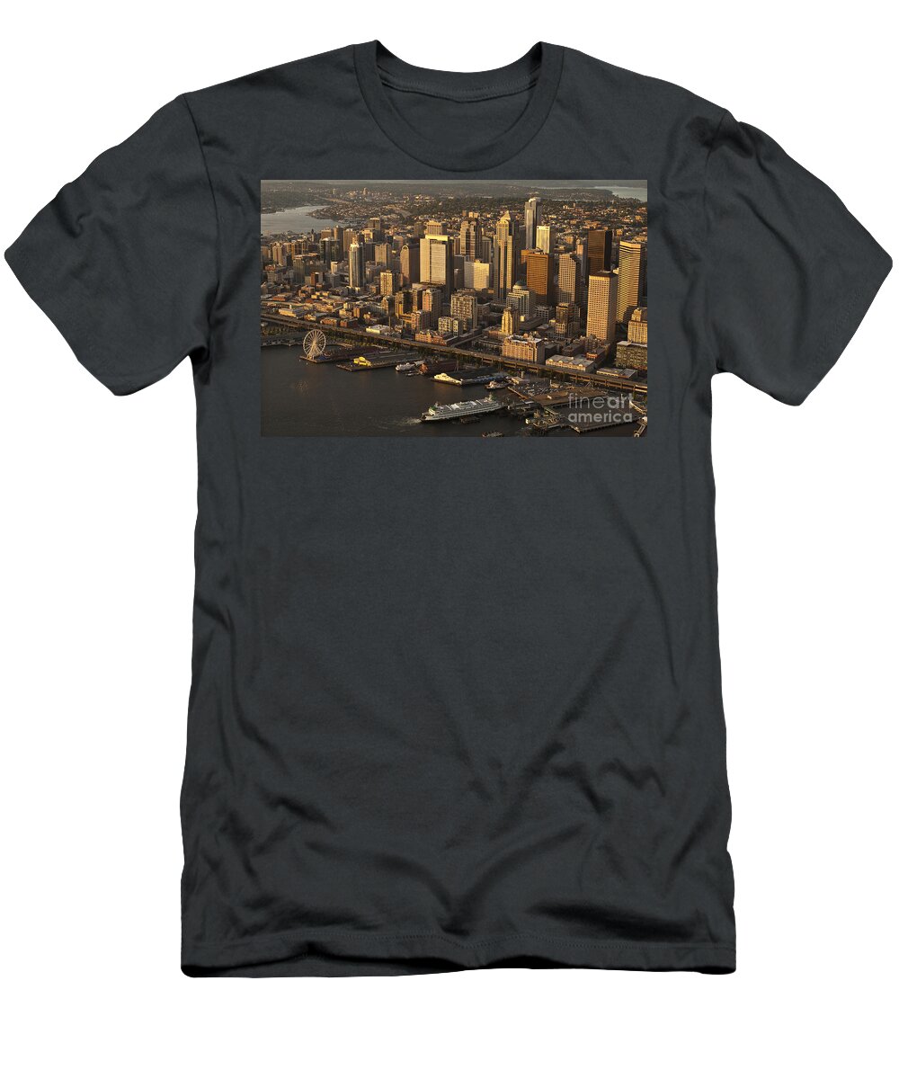 Elliott Bay T-Shirt featuring the photograph Aerial view of Seattle Skyline along waterfront #3 by Jim Corwin