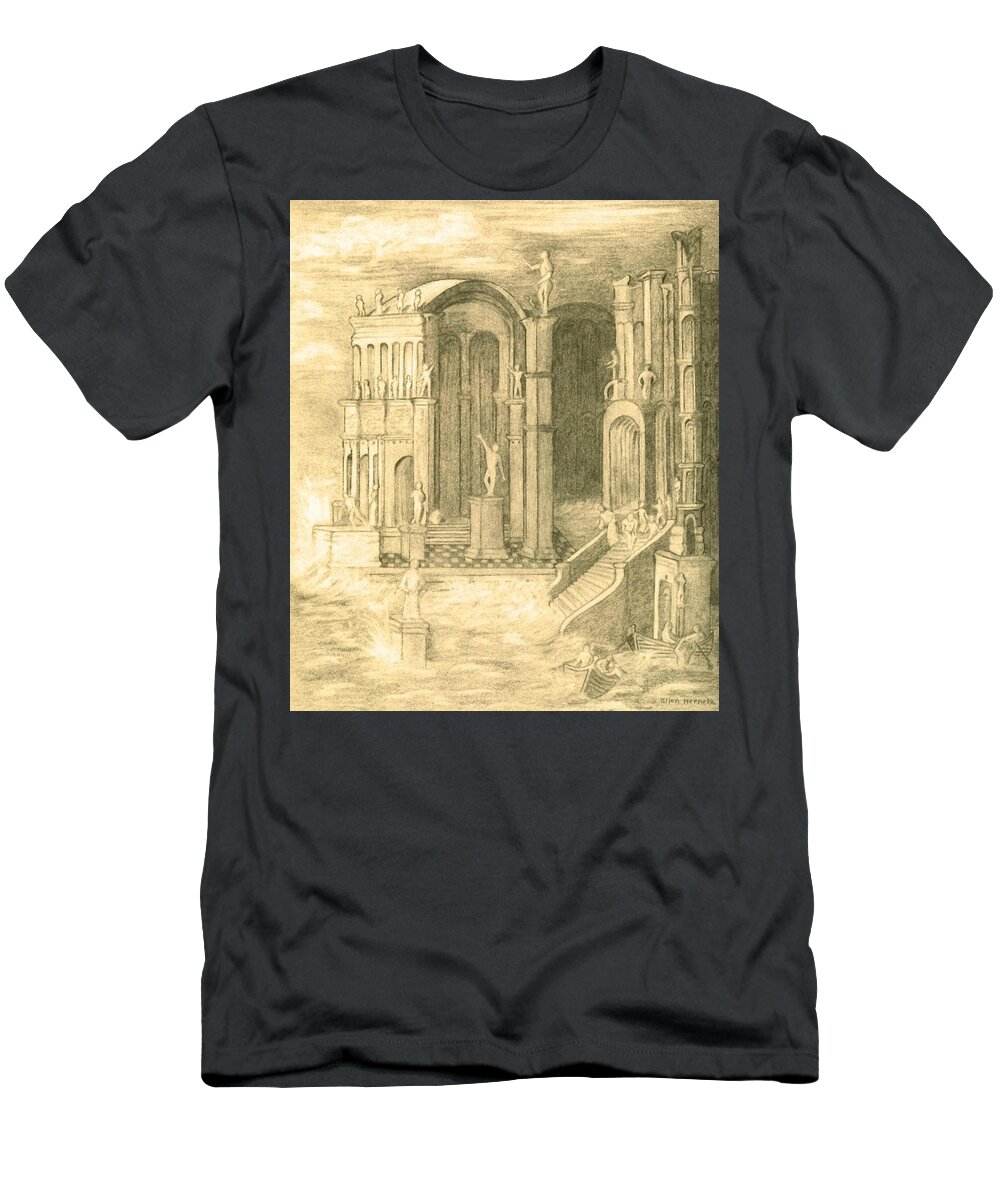The Fall Of Atlantis T-Shirt featuring the drawing The Fall of Atlantis by Ellen Henneke