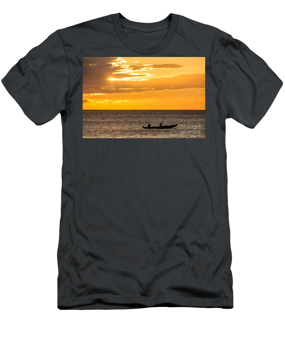 Hawaii T-Shirt featuring the photograph Two men paddling a Hawaiian outrigger canoe at sunset Maui Hawaii USA #4 by Don Landwehrle