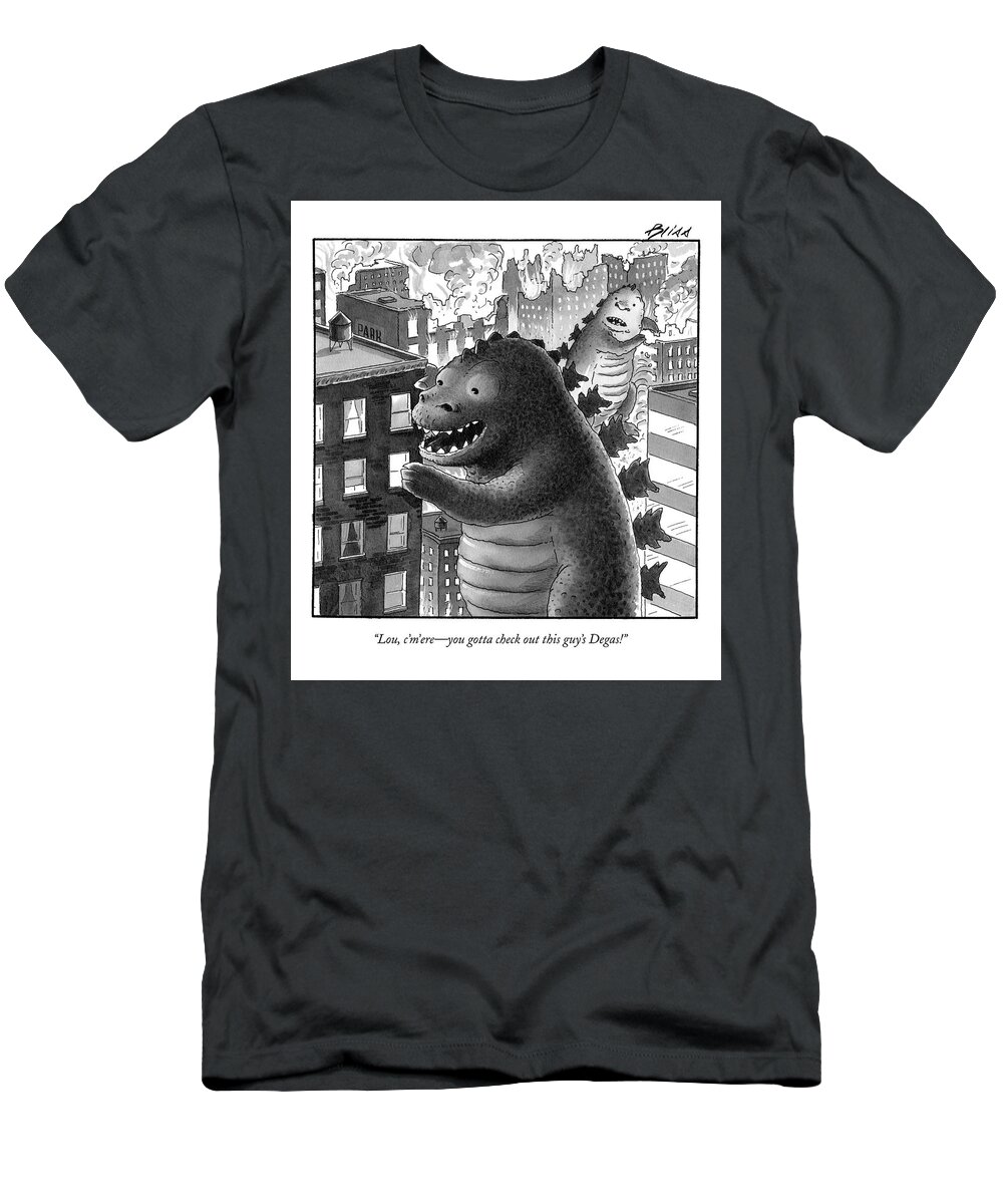 Art Painting Fictional Characters Urban Edgar

(godzilla Talking To Another Monster About The Art In An Apartment Building He Is Rampaging.) 122610 Hbl Harry Bliss T-Shirt featuring the drawing Lou, C'm'ere - You Gotta Check Out This Guy's by Harry Bliss