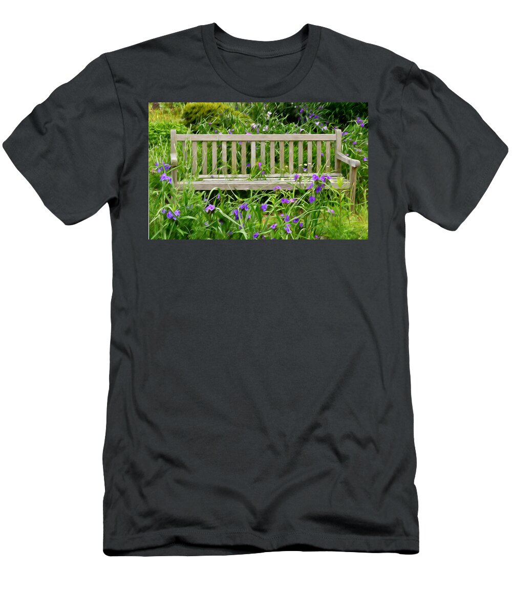 Bench T-Shirt featuring the photograph A Bench For The Flowers by Gary Slawsky