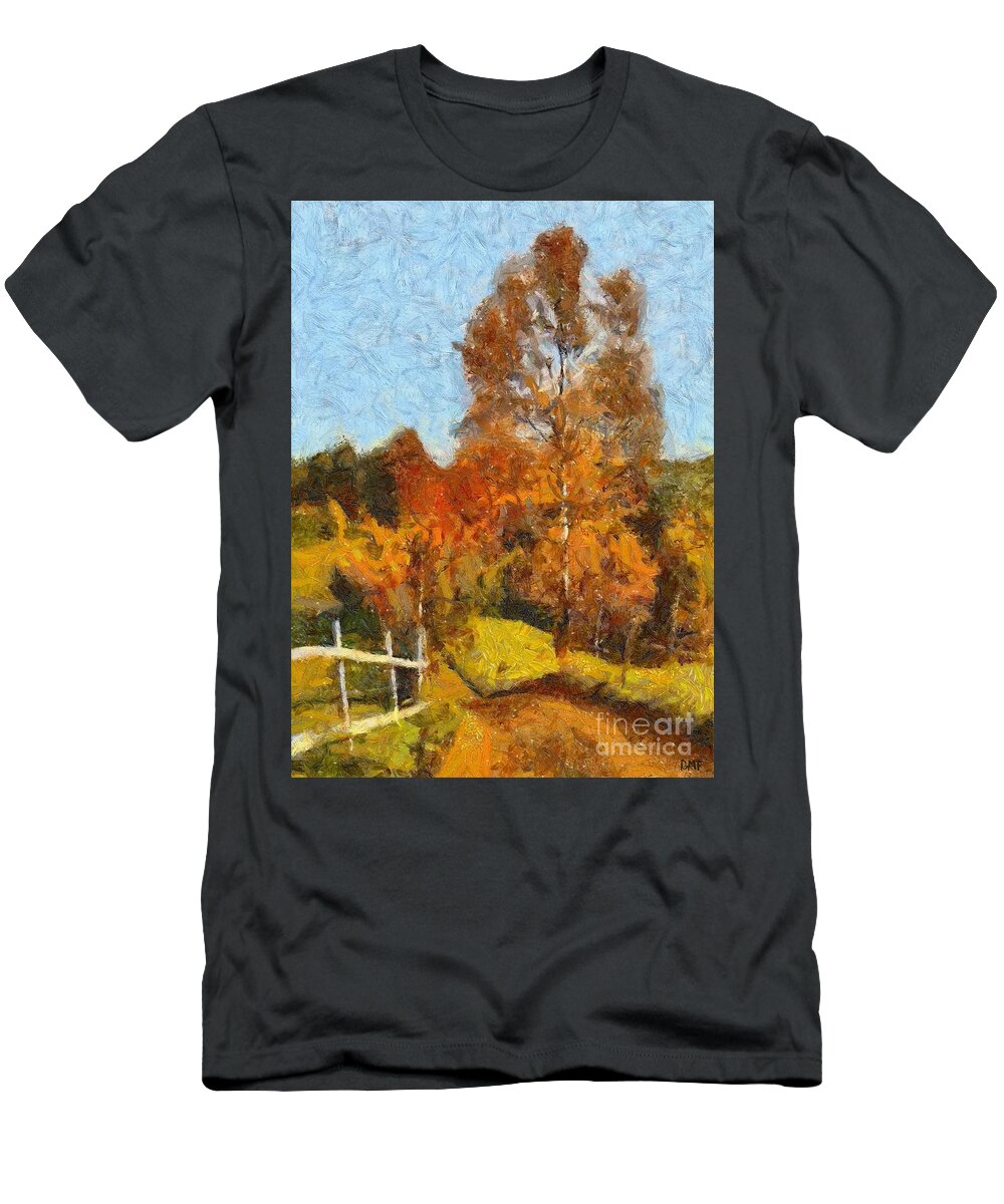Landscape T-Shirt featuring the painting A Birch Near The Fence by Dragica Micki Fortuna