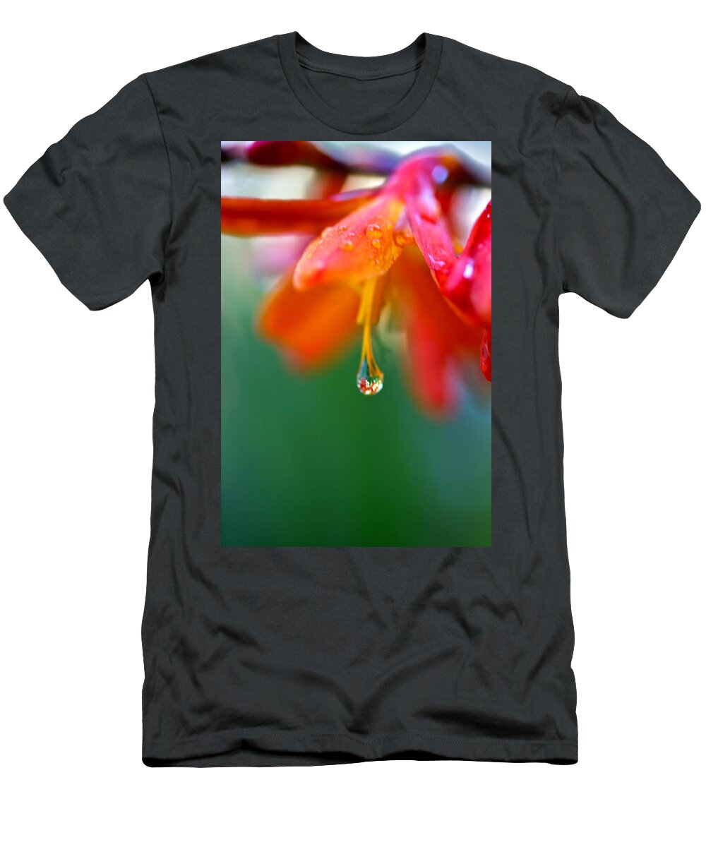 Water Droplet T-Shirt featuring the photograph A Delicate Touch - Water Droplet - Orange Flower by Marie Jamieson