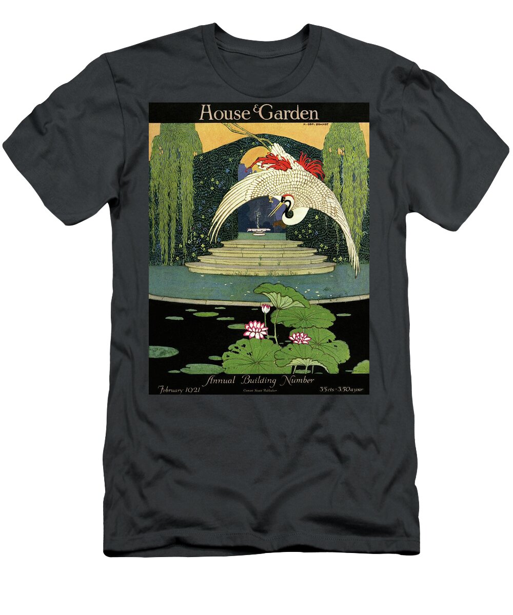 Illustration T-Shirt featuring the photograph A House And Garden Cover A Bird Over A Pond by H. George Brandt
