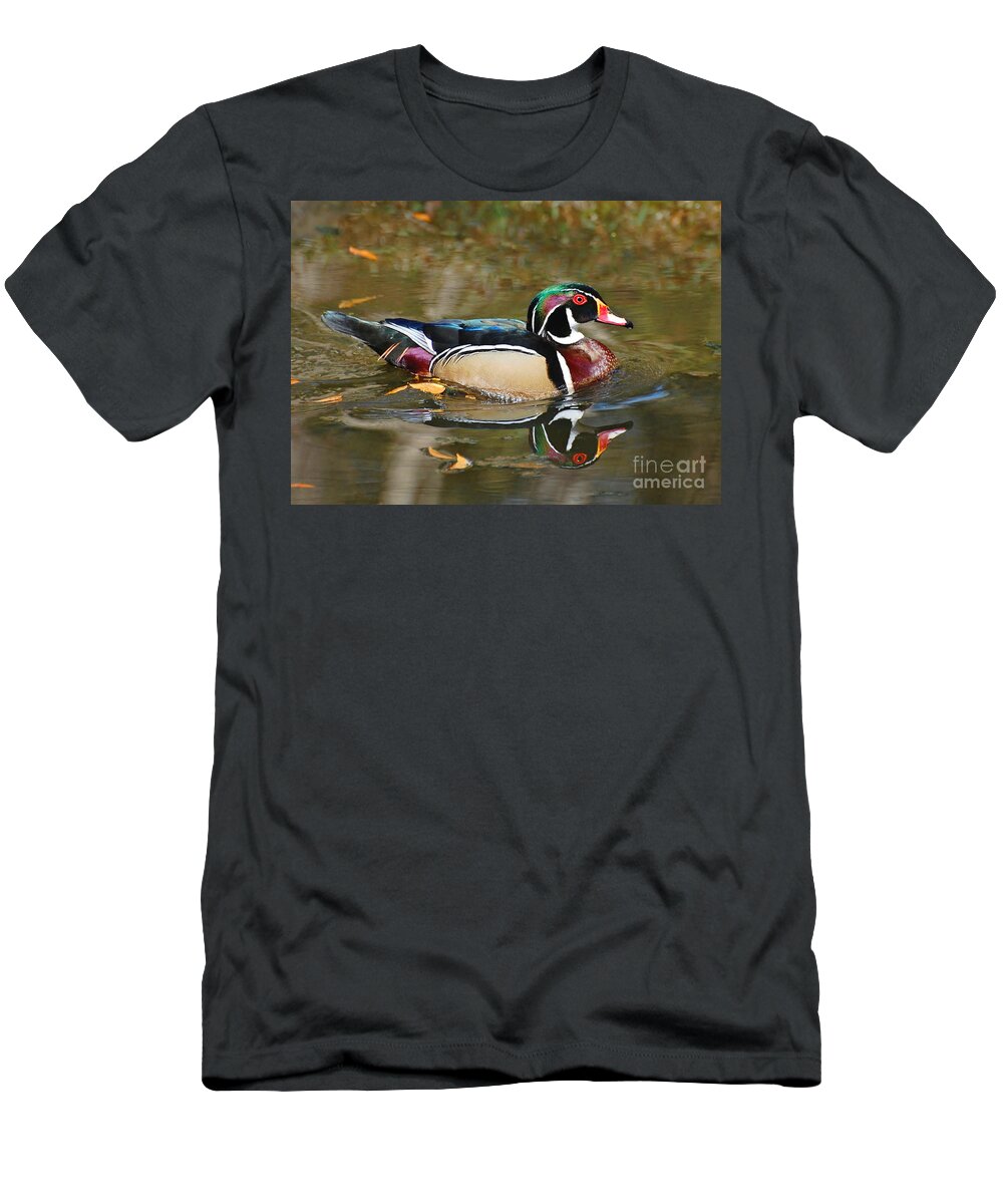 Duck T-Shirt featuring the photograph A Wood Duck And His Reflection by Kathy Baccari