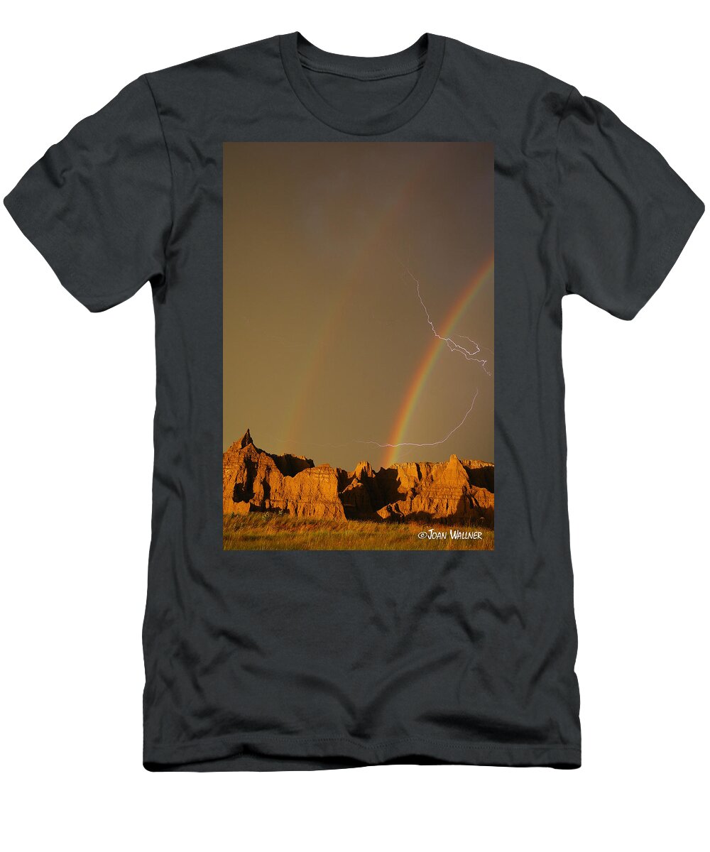 Badlands National Park T-Shirt featuring the photograph After the Storm - Lightning and Double Rainbow by Joan Wallner