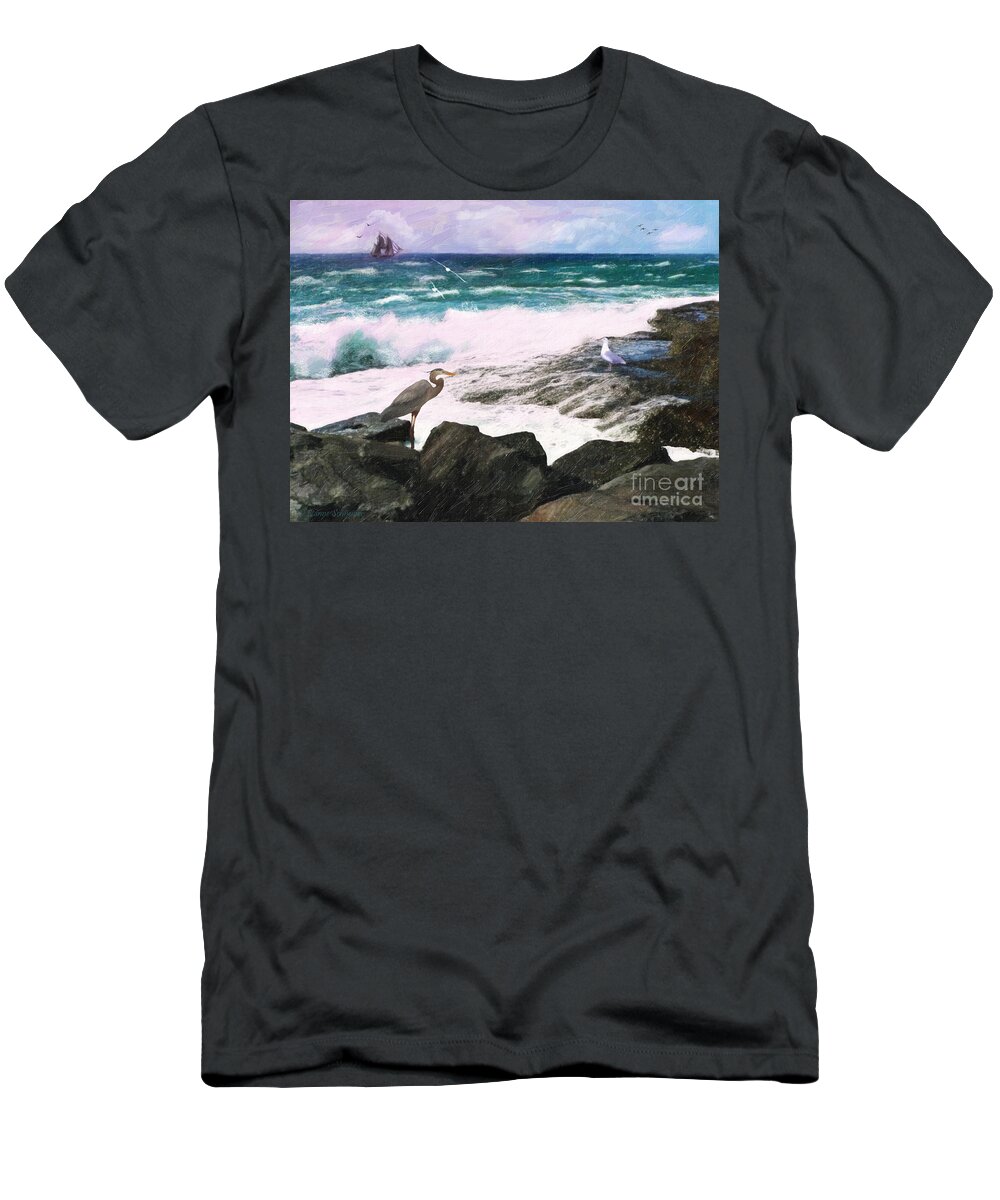 Seascape T-Shirt featuring the digital art An Egret's View Seascape by Lianne Schneider