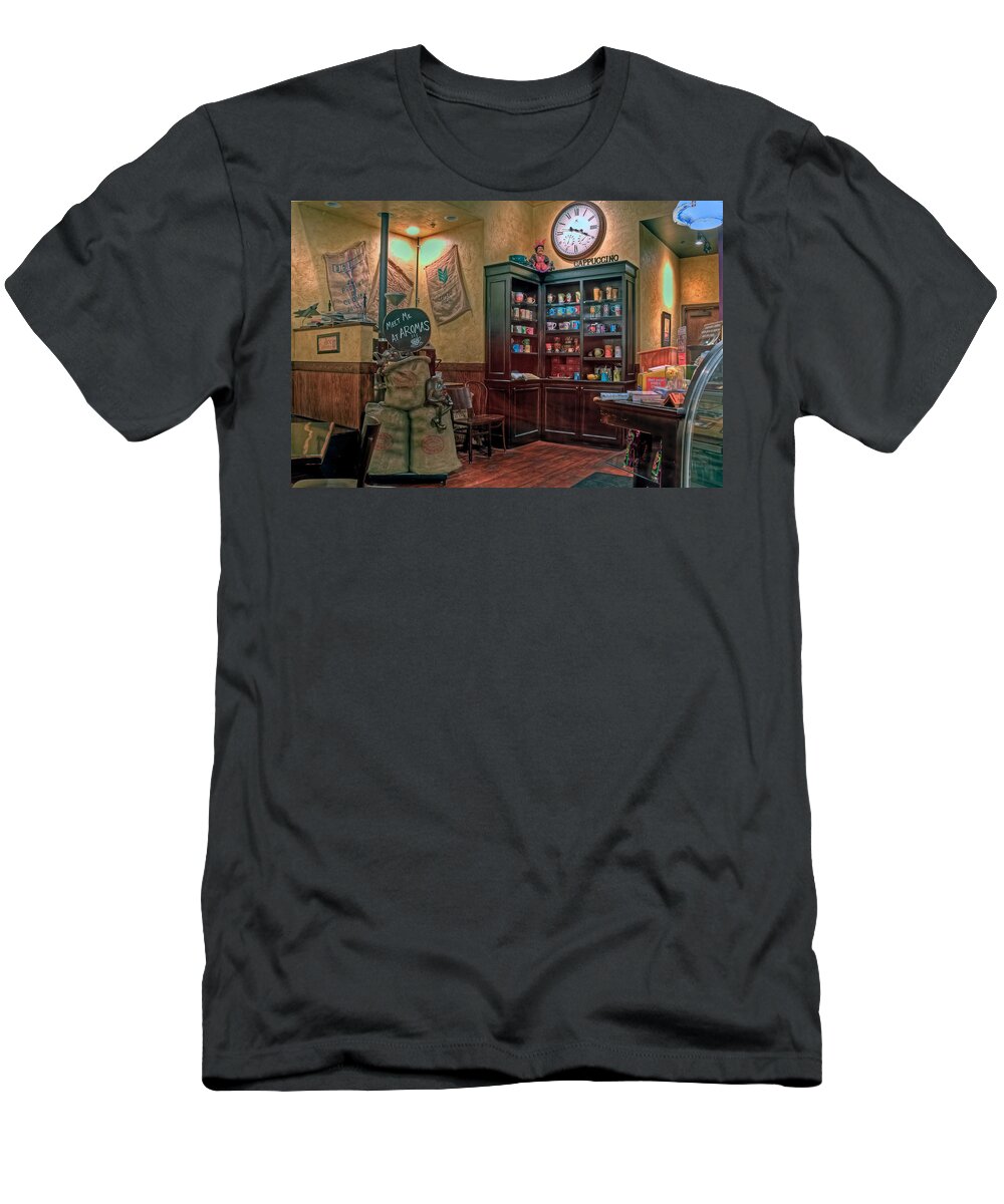 Aromas T-Shirt featuring the photograph Aromas Coffee Shop Newport News Virginia by Jerry Gammon