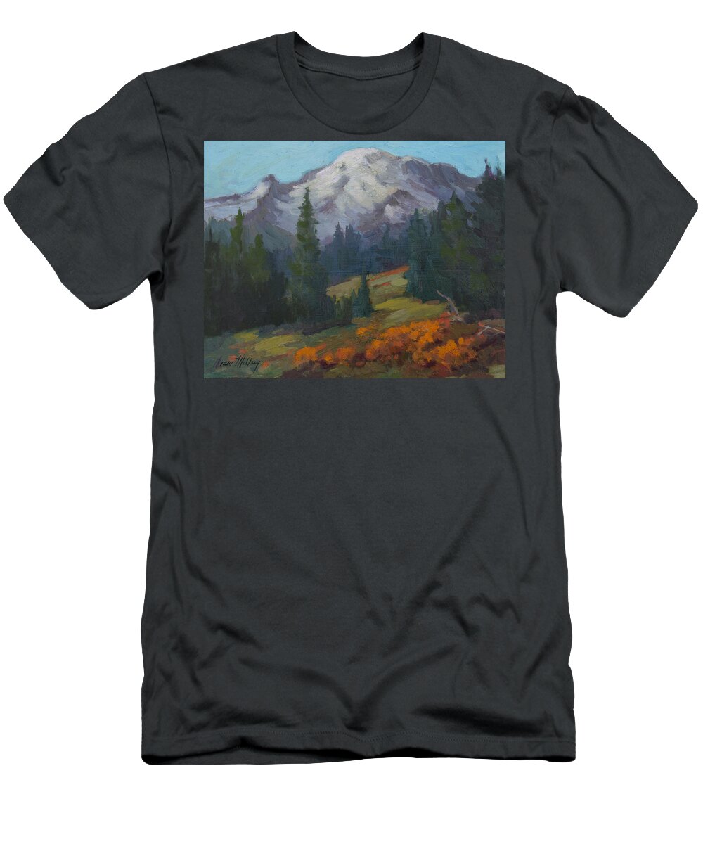 Mount Rainier T-Shirt featuring the painting Autumn Color at Mount Rainier by Diane McClary