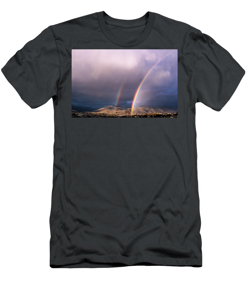 Rainbow T-Shirt featuring the photograph Rain by Kathy Bassett