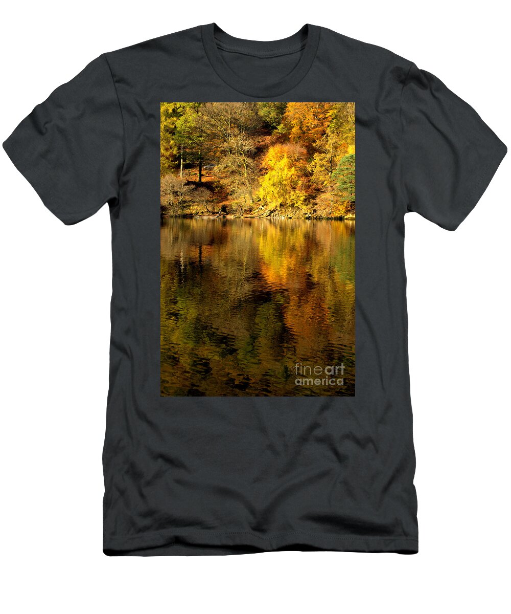Golds..greens.brown T-Shirt featuring the photograph Autumn on Ullswater by Linsey Williams