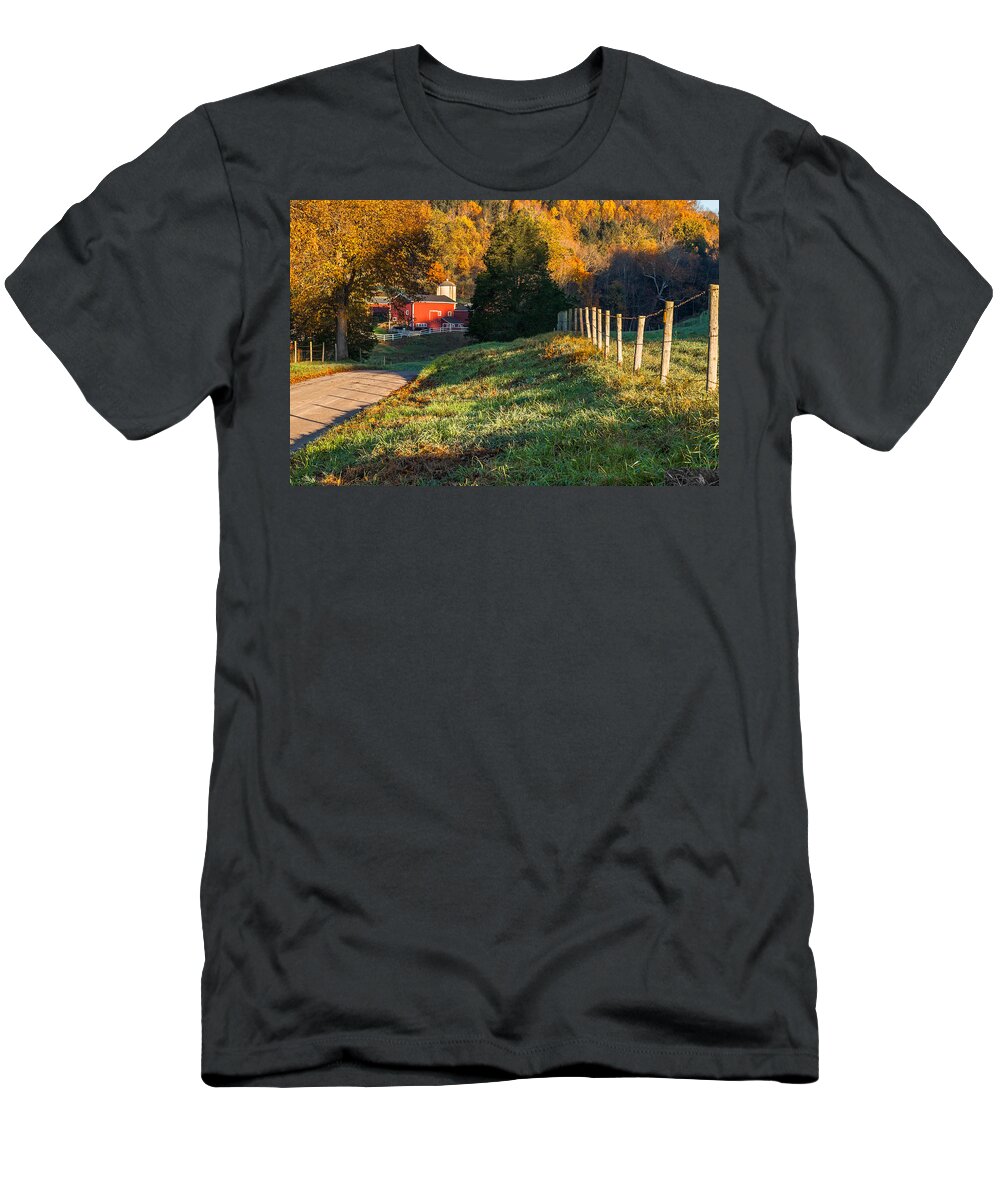 Bucolic T-Shirt featuring the photograph Autumn Road Morning by Bill Wakeley