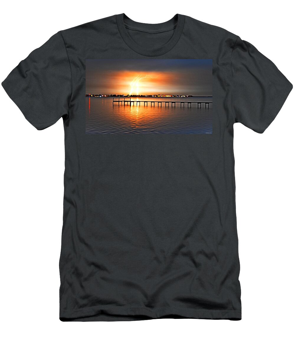 Landscape T-Shirt featuring the photograph Awesome Lightning Electrical Storm on Sound by Jeff at JSJ Photography