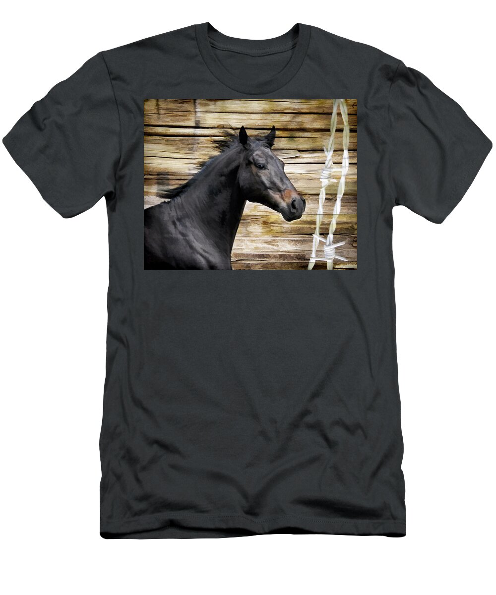 Horse Art T-Shirt featuring the photograph Barbed Wire Horse by Steve McKinzie
