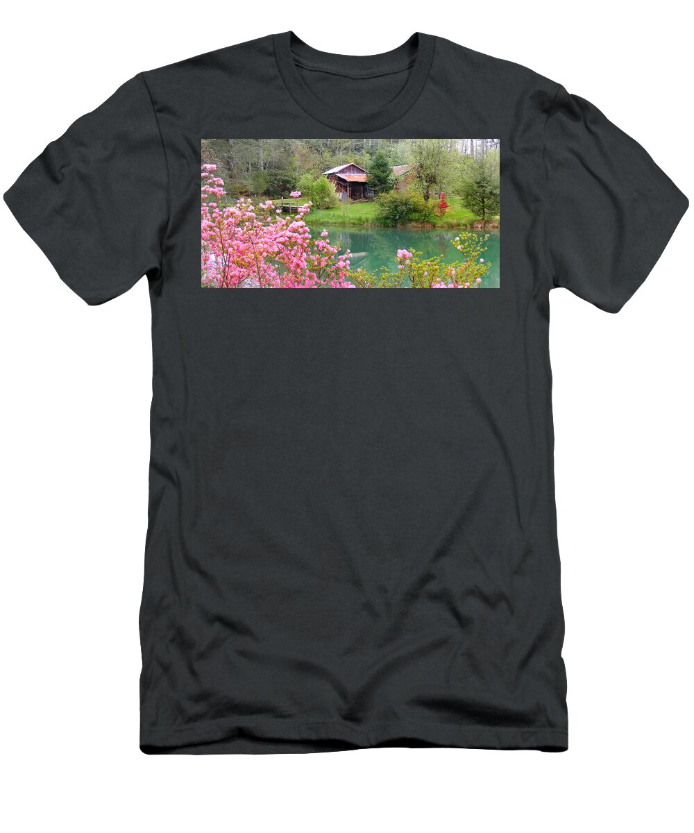 Plants T-Shirt featuring the photograph Barn and Flowers near Pond by Duane McCullough