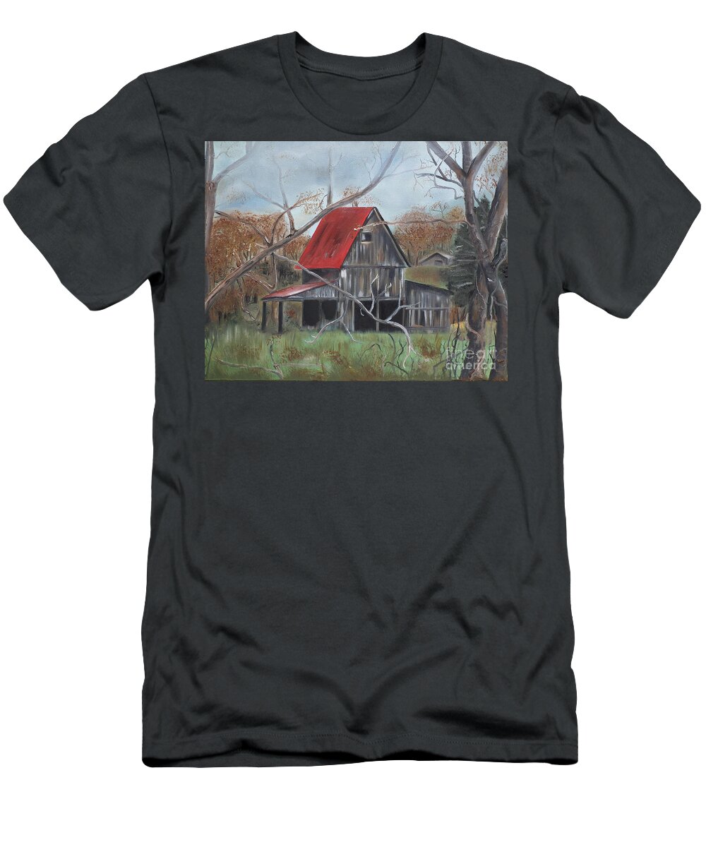 Barn T-Shirt featuring the painting Barn - Red Roof - Autumn by Jan Dappen