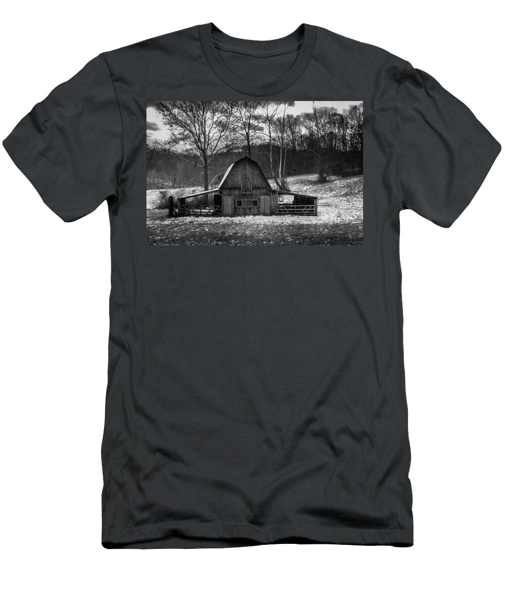 Barn T-Shirt featuring the photograph Barn with Snow BW by Ron Pate