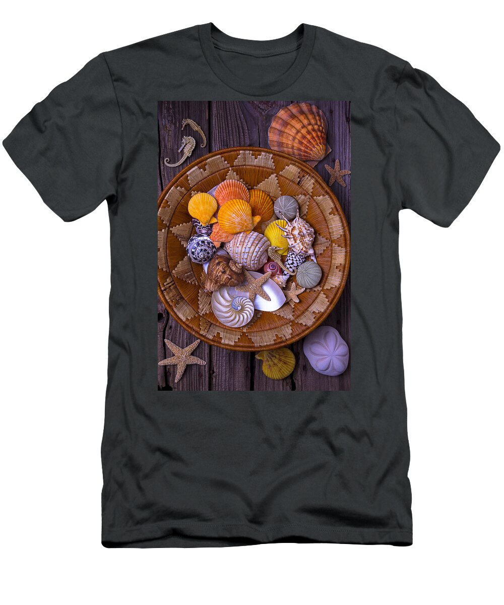 Sea Shells Starfish T-Shirt featuring the photograph Basket Full Of Seashells by Garry Gay