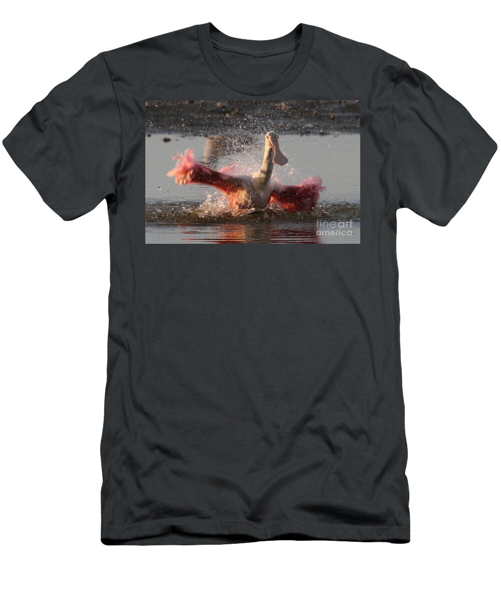 Fort Myers Beach T-Shirt featuring the photograph Bath Time - Roseate Spoonbill by Meg Rousher