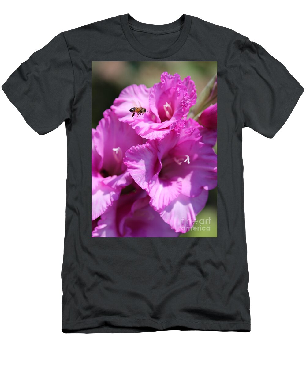 Bee T-Shirt featuring the photograph Bee over Pink Glads by Carol Groenen