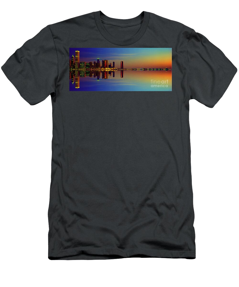 Between T-Shirt featuring the photograph Between Night and Day chicago skyline mirrored by Tom Jelen