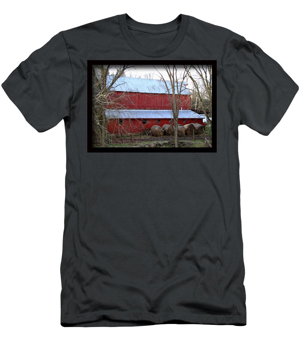 Barn T-Shirt featuring the photograph Big Red Barn and Hay by PJQandFriends Photography