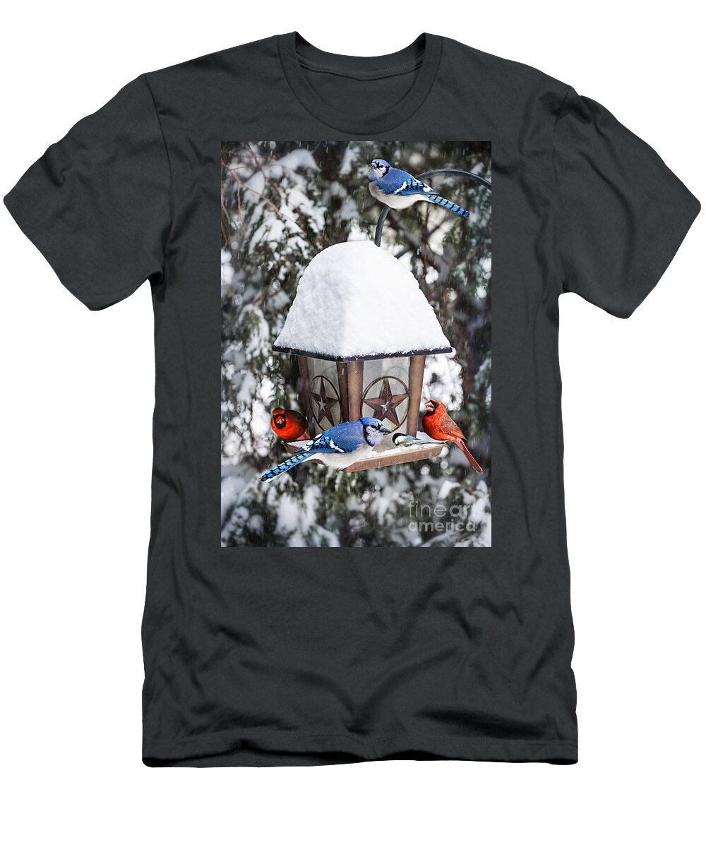 Birds T-Shirt featuring the photograph Birds on bird feeder in winter by Elena Elisseeva