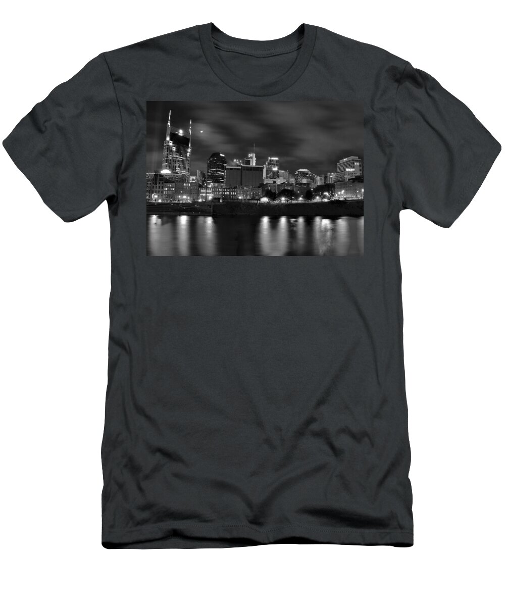 Nashville T-Shirt featuring the photograph Black and White Night in Nashville by Frozen in Time Fine Art Photography