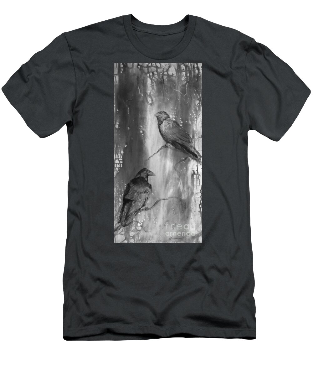 Ravens T-Shirt featuring the painting Black and White Ravens by Laurianna Taylor