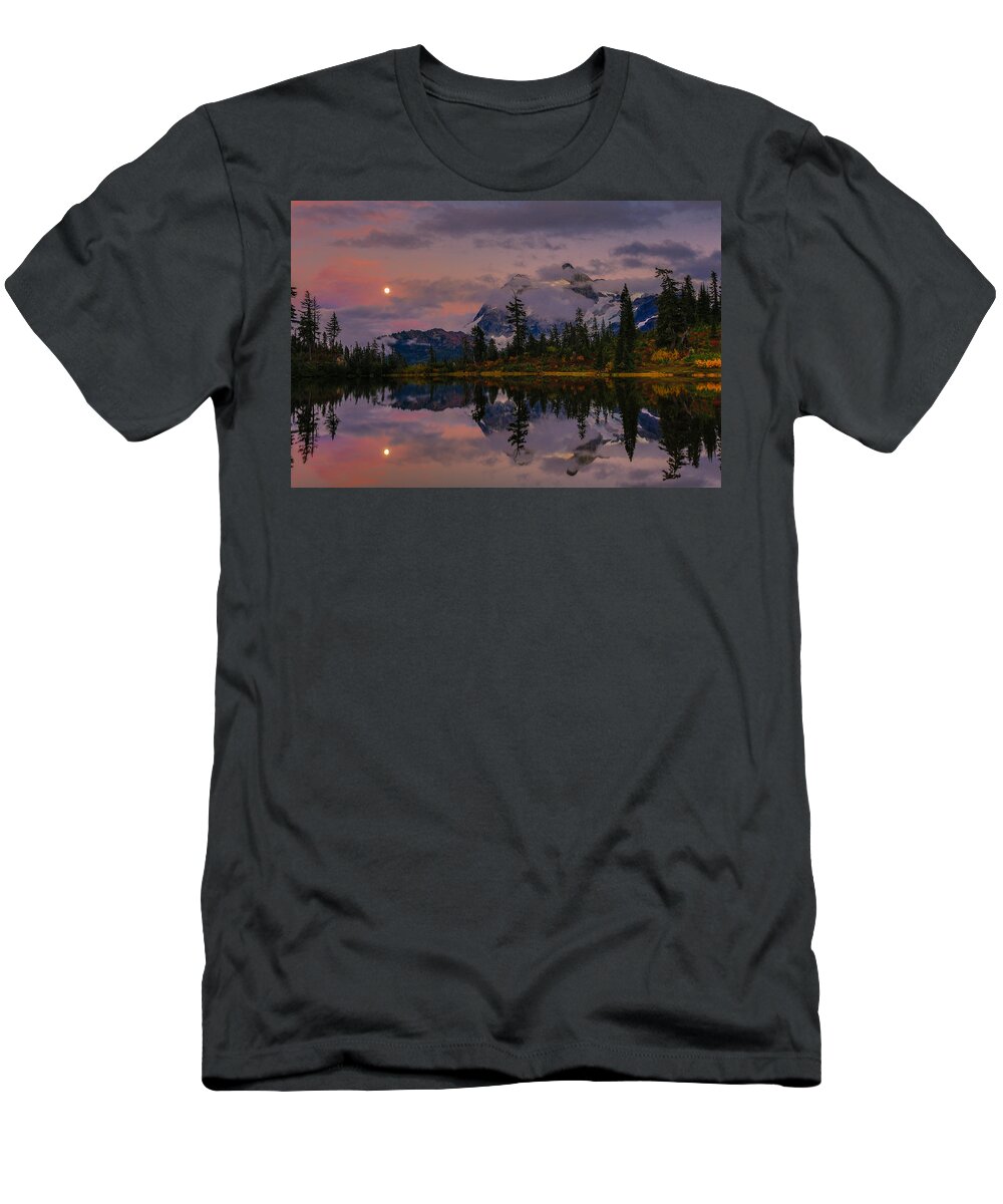 Shuksan T-Shirt featuring the photograph Bloodmoon rise over Picture lake by Eti Reid