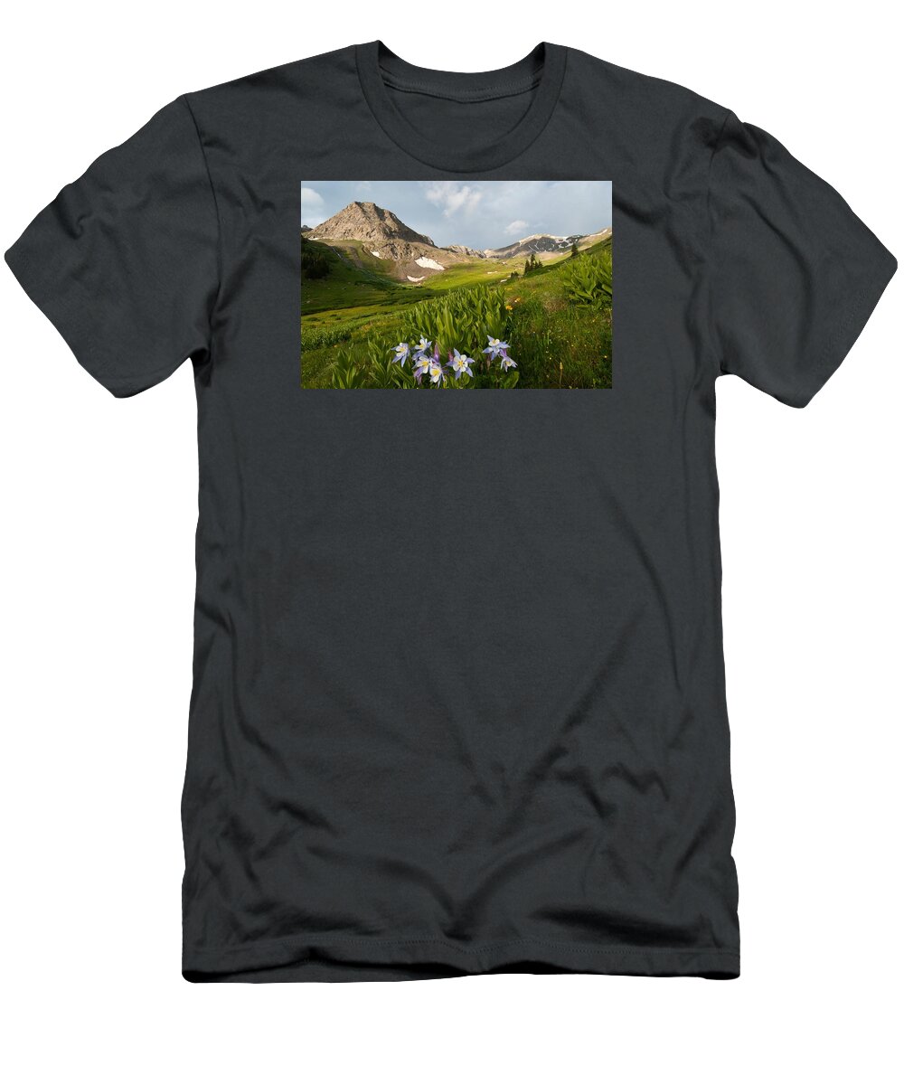Landscape T-Shirt featuring the photograph Handie's Peak and Blue Columbine on a Summer Morning by Cascade Colors
