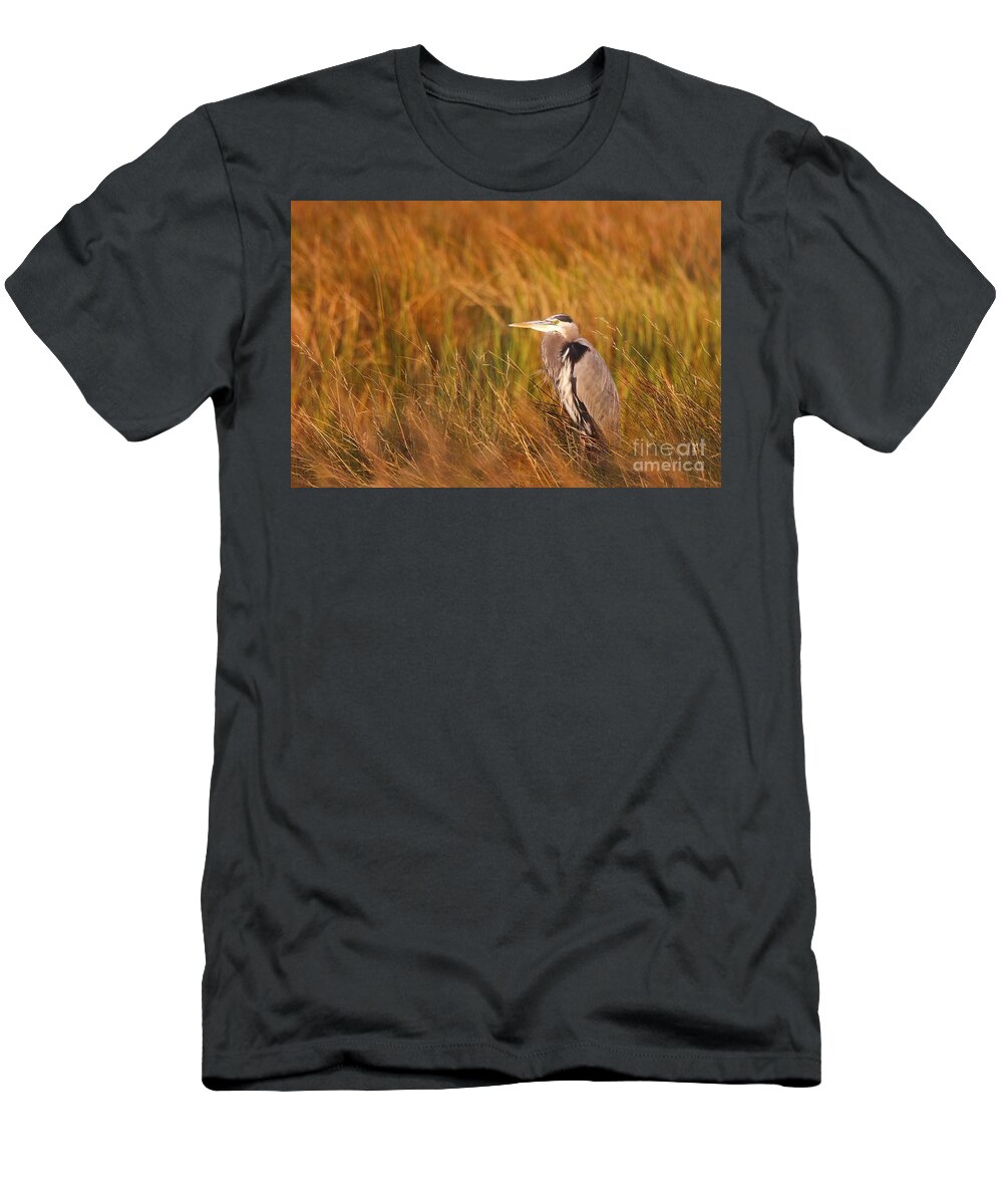 Blue Heron Bird Photo T-Shirt featuring the photograph Blue Heron in Louisiana Marsh by Luana K Perez