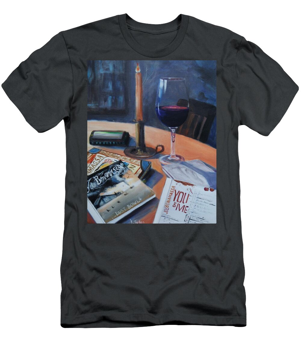 Joe Bonamassa T-Shirt featuring the painting Blues and Wine by Donna Tuten