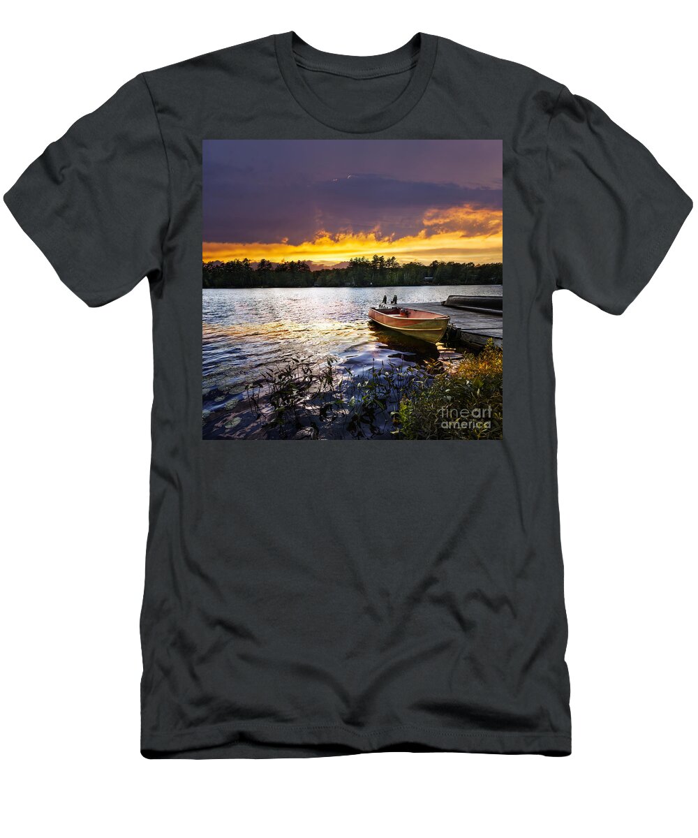 Boat T-Shirt featuring the photograph Boat on lake at sunset by Elena Elisseeva