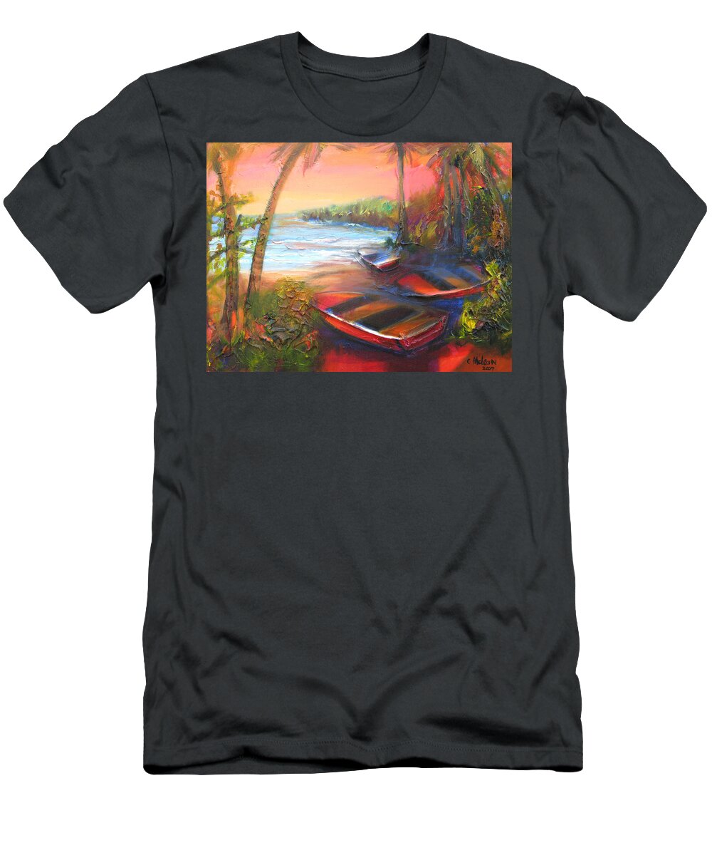 Beach T-Shirt featuring the painting Boats by the Sea by Cynthia McLean