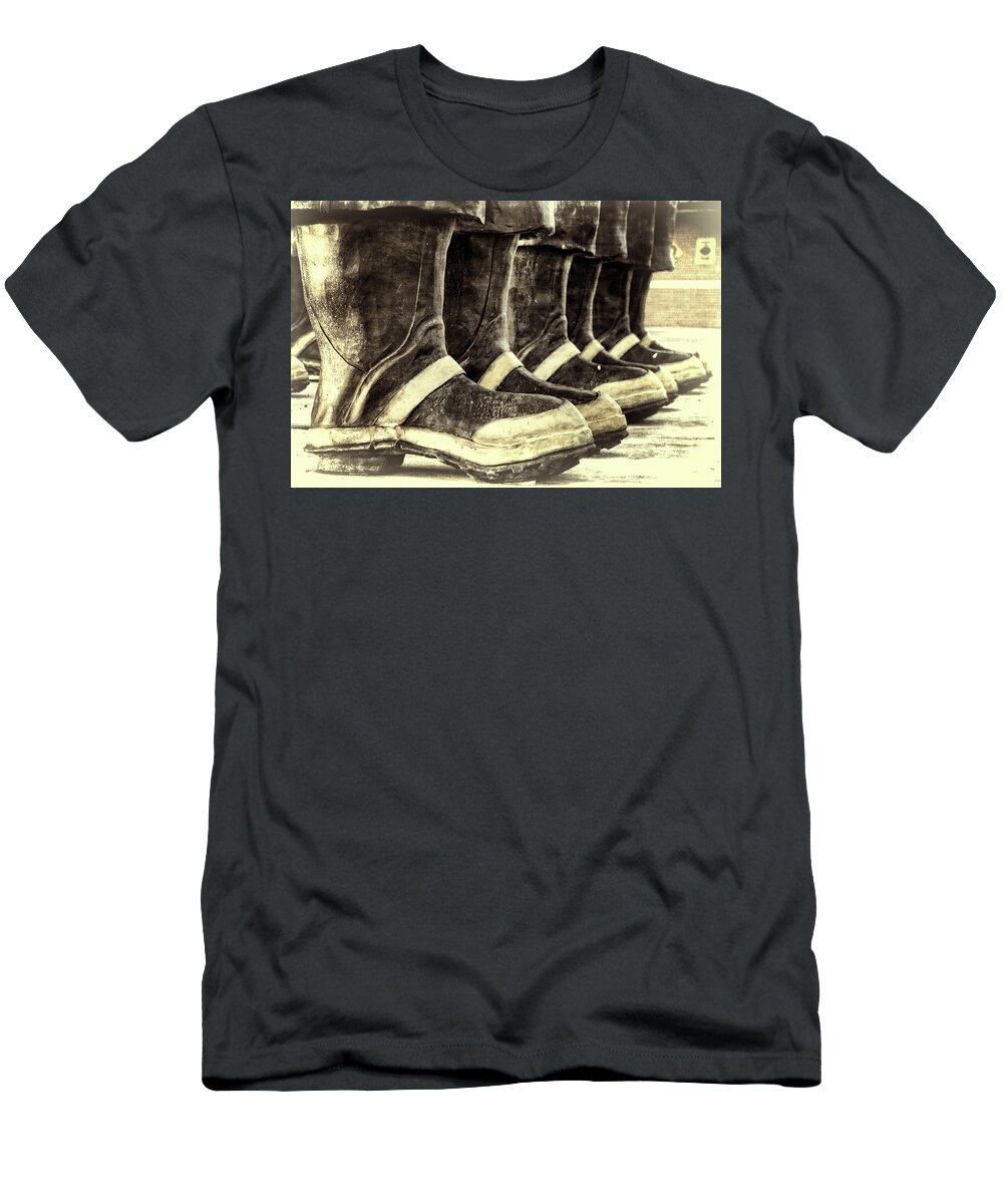 Joan Carroll T-Shirt featuring the photograph Boots on the Ground Monotone by Joan Carroll