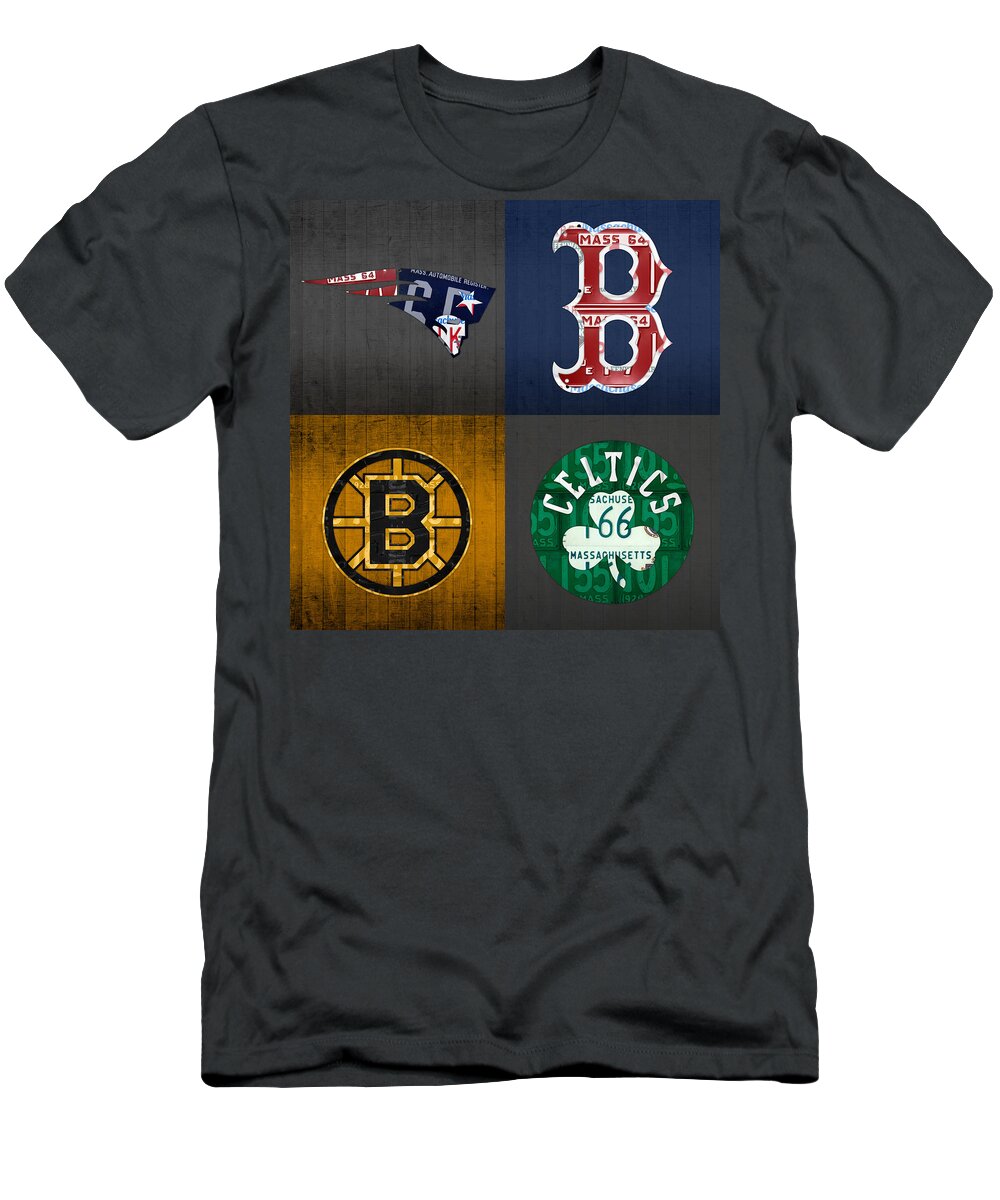 #faatoppicks T-Shirt featuring the mixed media Boston Sports Fan Recycled Vintage Massachusetts License Plate Art Patriots Red Sox Bruins Celtics by Design Turnpike