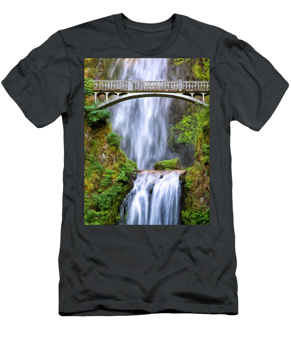 Multnomah T-Shirt featuring the painting Bridge at Multnomah Falls by Dominic Piperata