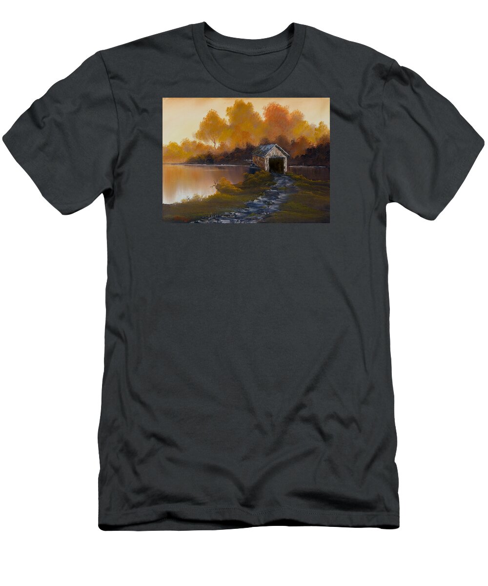 Landscape T-Shirt featuring the painting Covered Bridge in Fall by Chris Steele