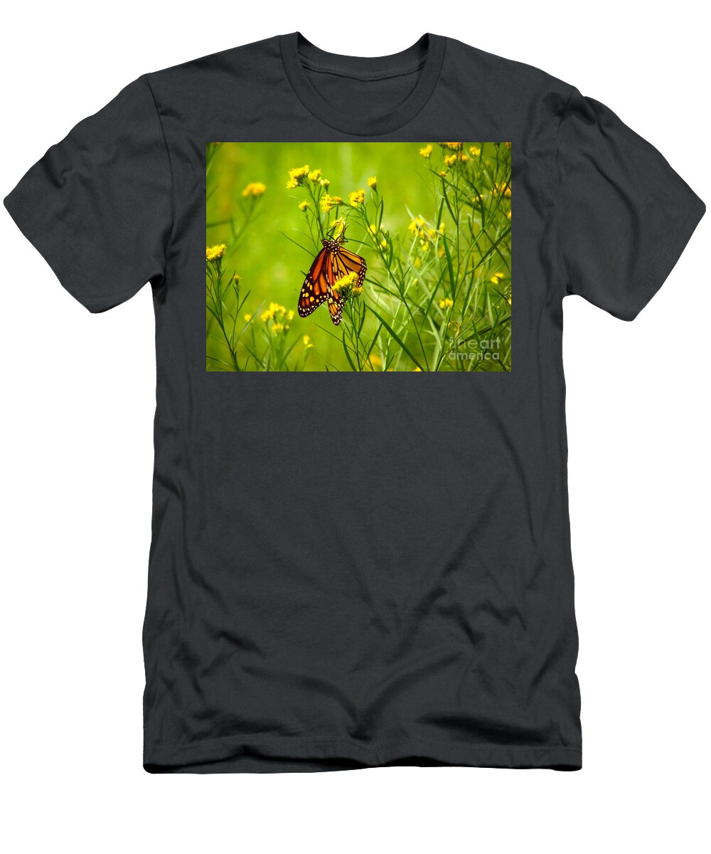 Orange Monarch Butterfly T-Shirt featuring the photograph Brightly Colored Monarch Butterfly In A Meadow Of Yellow Flowers by Jerry Cowart