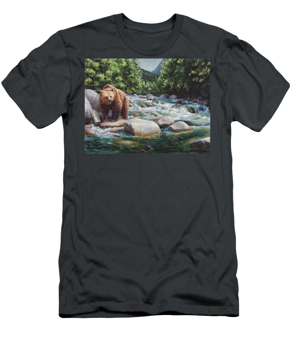 Bear T-Shirt featuring the painting Brown Bear and Salmon on the River - Alaskan Wildlife Landscape by K Whitworth
