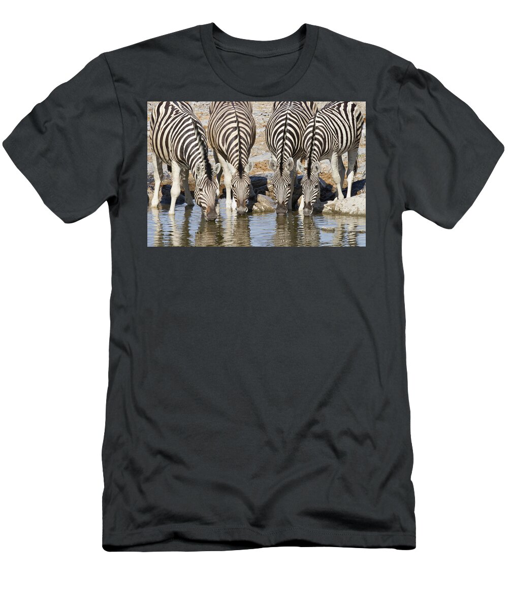 Richard Garvey-williams T-Shirt featuring the photograph Burchells Zebras Drinking Etosha Np by Richard Garvey-Williams