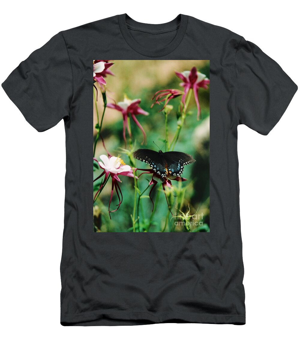 Butterfly T-Shirt featuring the photograph Butterfly and Pink Columbine by Heather Kirk