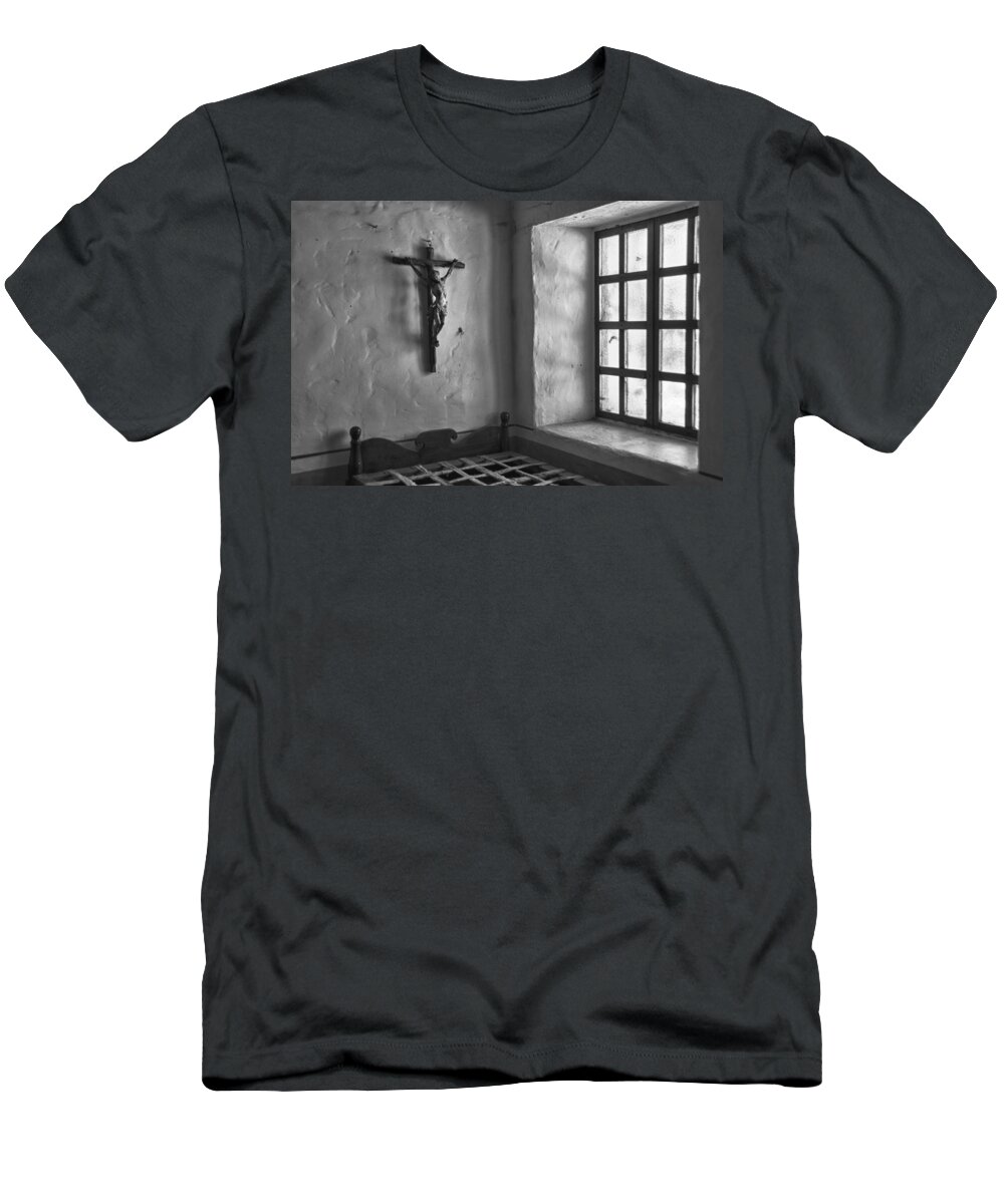 Carmel T-Shirt featuring the photograph Carmel Mission 4 BW by Ron White