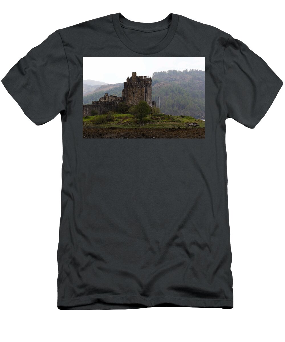 Bridge T-Shirt featuring the digital art Cartoon - Structure of the Eilean Donan Castle in front with dry part of lake by Ashish Agarwal
