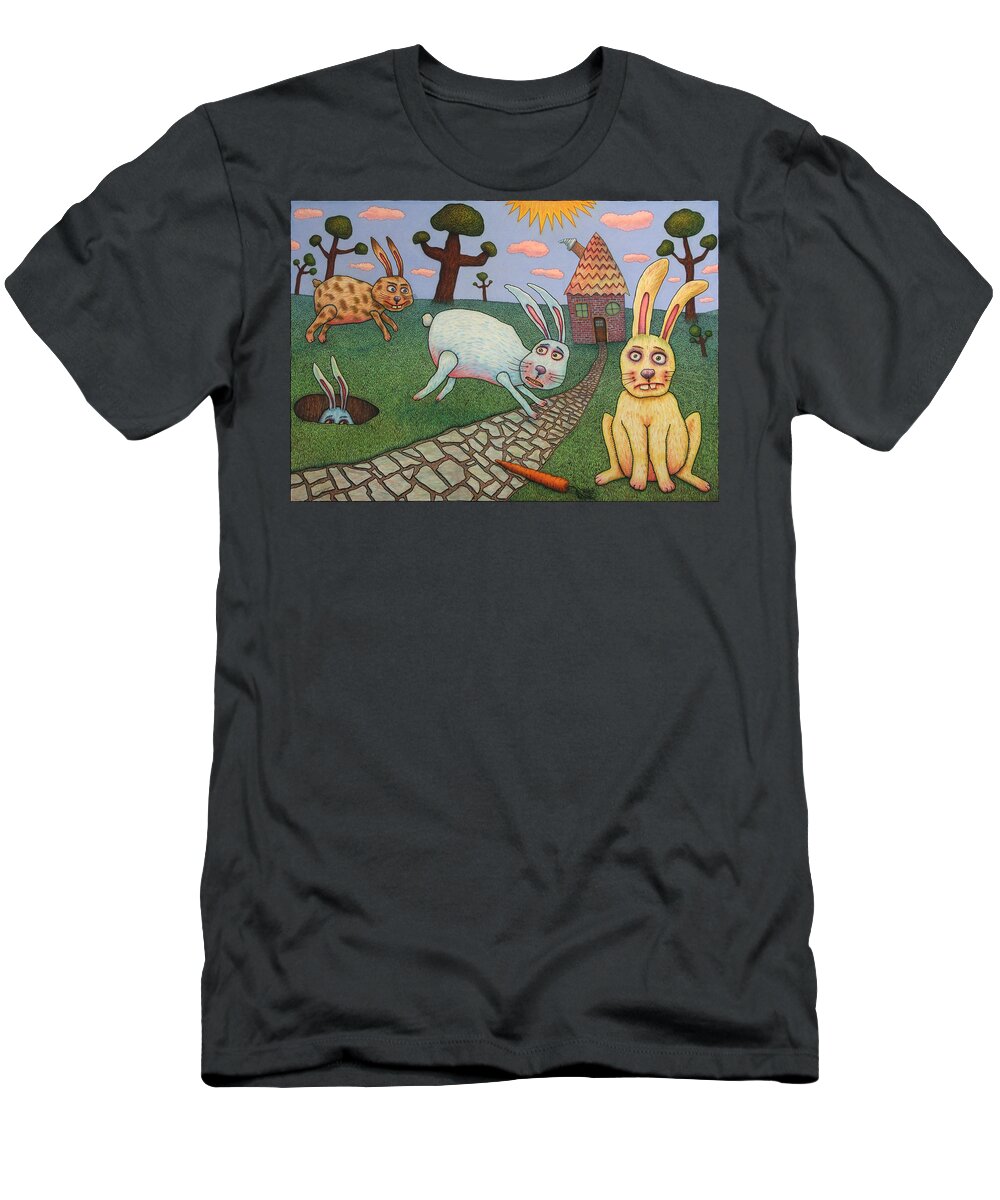 Rabbits T-Shirt featuring the painting Chasing Tail by James W Johnson