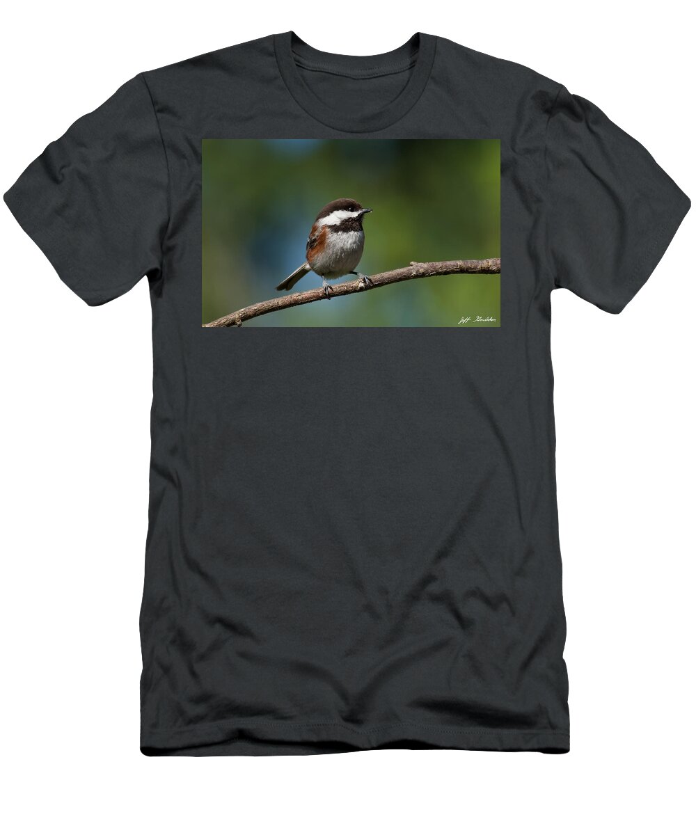 Animal T-Shirt featuring the photograph Chestnut Backed Chickadee Perched on a Branch by Jeff Goulden